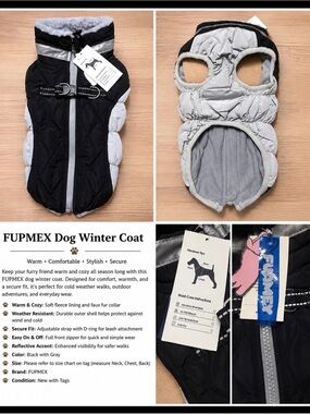 FUPMEX Black & Gray Quilted Dog Winter Coat – New With Tags